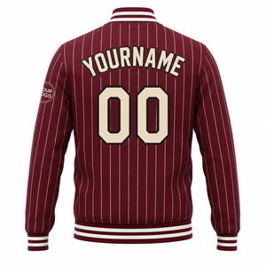 Custom Pinstripe Varsity <b>Jacket</b> <b>Men</b> Maroon <b>White</b> Stripes Team Name Number Logo Print Preppy Style Autumn Sportswear - Product Image 3
