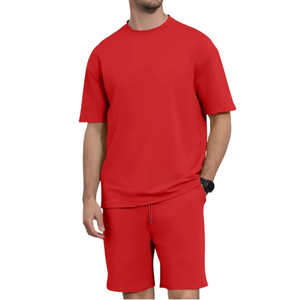 T-shirt et short streetwear personnalisés avec logo brodé, ensemble 2 pièces homme bicolore, haute qualité, 100% coton. - Product Image 1
