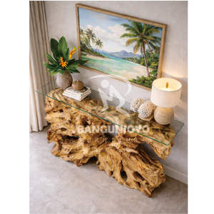 Table console moderne en bois de teck massif avec plateau en verre - Product Image 2