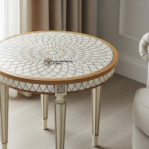 Taburete de Madera Artesanal Personalizado al por Mayor, Soporte Decorativo Blanco y Dorado con Arte Meena, Mesa Auxiliar de Madera Maciza Duradera con Trípode - Product Image 2