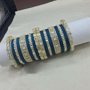 Sparkling Austrian Stone Gold Plated <b>Bracelets</b> Set 2.8\" Ball Shape Fancy Brass Bangles for Wedding Festive Wear-10575607BLU_2.8 - Product Image 1