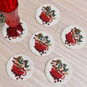 Handmade Beaded Christmas Coasters Reusable Fabric <b>Bar</b> <b>Mats</b> Classic Red Green Design Home Decor Set - Product Image 5