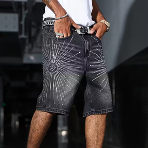 Shorts en jean baggy en coton écologique respirant, taille mi-haute, style streetwear d'été, avec logo personnalisé et strass - Product Image 2
