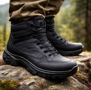 Bottes de travail en cuir pour hommes, à lacets, coupe large, style tactique, chaussures de travail d'extérieur, noir et sable - Product Image 3