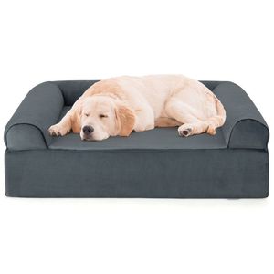 Coussin orthopédique pour chien en mousse à mémoire de forme avec appui-tête, taille XL, carré, housse en lin amovible, confort luxueux pour grands chiens - Product Image 1