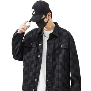 Veste en jean à carreaux vintage pour homme, col rabattu décontracté, boutonnée sur le devant, coupe ample, coupe-vent en coton pour l'automne, manches classiques - Product Image 6