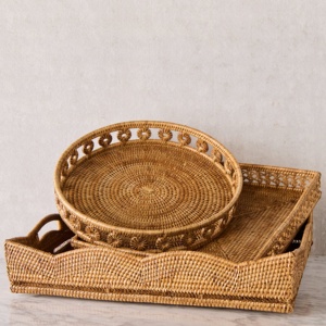 Scalloped rattan <b>tray</b> cake & drink display <b>trays</b> <b>table</b> centerpiece crafted from Vietnam factory - Product Image 2
