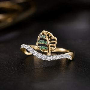 Women's 14K solid Gold Ring Crystal Rhinestone Lab Created Pave Band Inlay Leaf Design Glam Fashion Daily Use Ring - Product Image 1