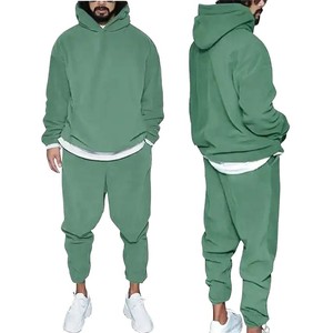 Ensemble de survêtement à capuche pour hommes, vert uni, manches longues, coupe ample, poches latérales, taille élastique, décontracté, automne - Product Image 1