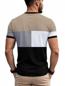 T-shirt décontracté pour homme ONETEN, col rond, manches courtes, tricoté, avec logo frontal, blocs de couleur, bordure contrastante, 100 % coton, légèrement extensible - Product Image 3