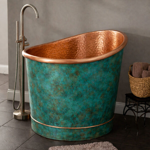 Bañera Japonesa de Cobre para Baño, Interior de Cobre Martillado Antiguo con Exterior de Pátina Verdigris Azul Verdoso, Bañera de Lujo - Product Image 4