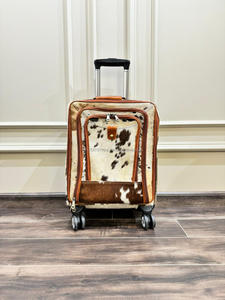 Real Handmade High Quality Cowhide Fur Leather Luggage Trolley <b>Bag</b> Personalized <b>Weekender</b> Overnighter Trolley Luggage <b>With</b> <b>Wheel</b> - Product Image 3