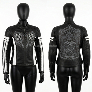 Blouson de moto en cuir noir et blanc avec motif en dentelle style cage à oiseaux, streetwear monochrome, vêtement de protection pour motard - Product Image 1