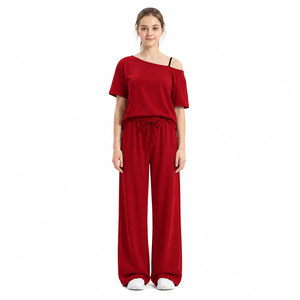 Women's Wide Leg Pants Drawstring Elastic Waist Full Length Solid Casual for Wear 100% Cotton Breathable - Product Image 3