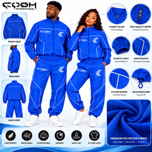 ชุดวอร์มสีน้ำเงินแบบ unisex เสื้อแจ็คเก็ตซิปเต็มตัว กางเกงขายาว แห้งเร็ว ผลิตจากโพลีเอสเตอร์ เหมาะสำหรับใส่ในฤดูใบไม้ร่วง ชุดกีฬา เสื้อแจ็คเก็ตและกางเกงเข้าชุด - Product Image 6