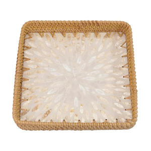 Plateau de service carré minimaliste en rotin avec incrustation de nacre blanche, plateau de présentation pour table basse, décoration moderne pour la maison, OEM ODM - Product Image 5