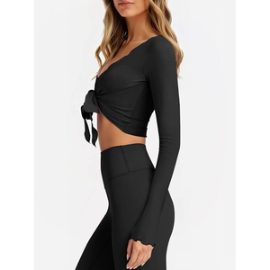 Women <b>Black</b> <b>Long</b> <b>Sleeve</b> <b>Crop</b> Top Deep V Neck Self-Tie Bow Solid Color Yoga Shirt Regular Fit Full <b>Sleeve</b> Activewear - Product Image 1