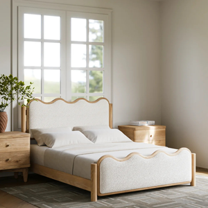 Cama de Plataforma de Roble Escandinavo Tamaño Queen con Cabecera Tapizada Ondulada, Diseño de Cama Suave - Product Image 2