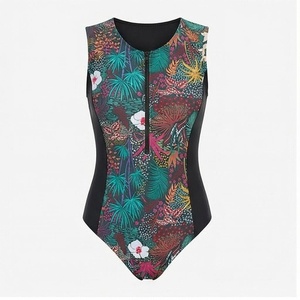 Traje de baño de una pieza con estampado floral para mujer, con cremallera frontal y ribete en contraste, ajuste regular, de spandex y poliéster. - Product Image 1