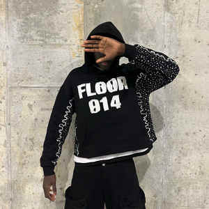 Fabricant d'écusson de broderie vieilli personnalisé 500GSM French Terry Boxy Cut Edge Raw Hem Cropped Rhinestone Hoodies - Product Image 6