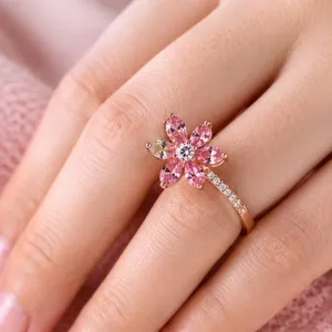 Elegant Pink Flower <b>Ring</b> for Women Gold Plated <b>Crystal</b> Floral <b>Ring</b> Adjustable Fashion Jewelry Gift for Her - Product Image 1