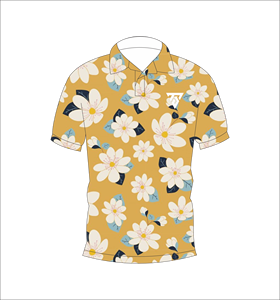 เสื้อโปโลพิมพ์ลายดอกไม้สีเหลืองมัสตาร์ดสำหรับผู้ชาย แขนสั้นลำลอง เหมาะสำหรับเล่นกอล์ฟในฤดูร้อน - Product Image 4