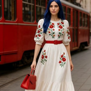 Vestido Midi Blanco con Bordado Floral para Mujer, Tela de Algodón Transpirable de Primera Calidad, Patrones de Rosas Rojas y Mangas Abullonadas Elegantes - Product Image 1