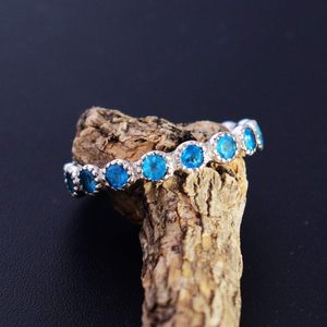 S925 Sterling <b>Silver</b> Eternity <b>Band</b> <b>Ring</b> With Blue Crystal Rhinestones Bezel Set Classic Style Women's Everyday Wear Fine Jewelry - Product Image 3