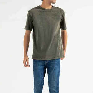 T-shirt à manches courtes en coton vert olive pour homme, coupe classique, col rond, décontracté, couleur unie, jersey tricoté, teinture unie - Product Image 1
