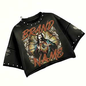 เสื้อยืดครอปพิมพ์ลายกราฟิกประดับเพชรแบบกำหนดเอง Glory รุ่นใหม่ทันสมัยทรงบ็อกซี่สไตล์วินเทจแขนสั้นแบบทำสีซีดสำหรับทุกเพศ - Product Image 3