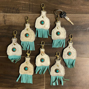 Porte-clés en cuir de vachette fait main porte-clés en cuir de forme exotique mignon porte-clés en cuir de vachette turquoise à franges pour unisexe - Product Image 5