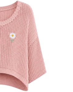 Pull court tricoté rose oversize pour femme, ample, ajouré, à manches larges, style streetwear décontracté, doux et côtelé - Product Image 4