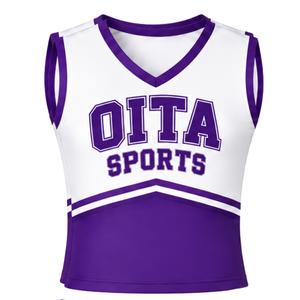 Haut d'uniforme de cheerleading violet et blanc sans manches à col en V pour performance de danse d'équipe, tenue de sport athlétique de compétition - Product Image 1