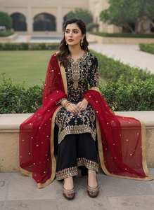 Salwar Kameez noir élégant brodé avec dupatta rouge – Tenue de soirée ethnique pakistanaise et indienne de luxe pour femme - Product Image 4