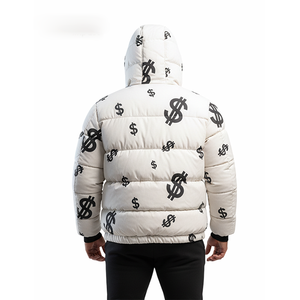 Blouson matelassé à capuche blanc pour homme avec imprimé dollar, manteau d'hiver style streetwear, vêtement d'extérieur chaud, vente en gros - Product Image 3