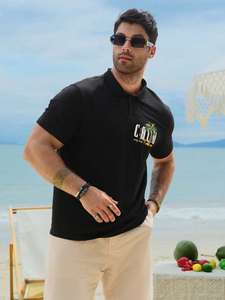 Polo noir pour homme avec imprimé palmiers et lettres, style vacances, été - Product Image 5