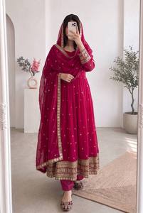 Women Traditional Floor-Length Red Gown Set With Dupatta Ethnic Wear For Wedding Indian Pakistani Style Loose Fit Dress - Product Image 3