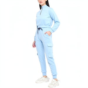 Conjunto Deportivo de Mujer en Azul Claro, Poliéster/Nailon 2 en 1, Estampado Sólido, Sudadera con Media Cremallera, Pantalones Cargo, Ropa Deportiva Casual de Verano - Product Image 3