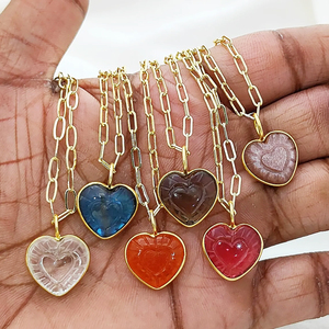 Gemstone Heart Carving Pendant <b>Necklace</b> Handmade 15mm Heart Shape Carving Gold Plated Bezel <b>Necklace</b> Birthstone <b>Necklaces</b> - Product Image 5