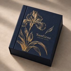 Custom Magnetic Perfume <b>Book</b> <b>Box</b> with Midnight Blue Wrap and Iris Artwork - Product Image 3
