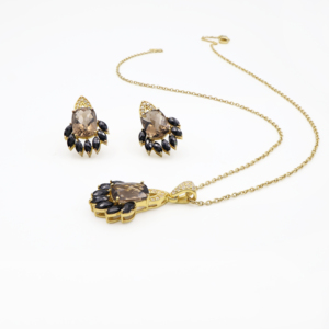 Ensemble pendentif et boucles d'oreilles en argent sterling 925 avec quartz fumé naturel et spinelle noire, plaqué or, bijoux fins OEM ODM - Product Image 1