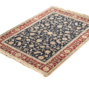 Tapis d'intérieur en laine noué à la main, bleu marine et rouge, à motifs floraux multiples, à poils ras, sur mesure - Product Image 6