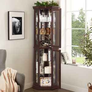 Vetrina Angolare Illuminata con Bar o Cantinetta in Vetro per Soggiorno, Pezzo Espositivo con Illuminazione Inclusa - Product Image 3