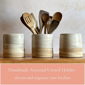 Porte-ustensiles en céramique artisanale en grès, finition émail bicolore, base lourde, durable, résistant à la chaleur, organisateur de comptoir de cuisine - Product Image 4