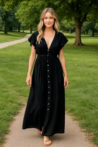 Vestido Largo Bohemio Negro para Mujer, de Algodón y Lino, Cuello en V, Manga Corta con Volantes, Cintura Ajustable con Cordón, Botones, Corte Holgado - Product Image 6