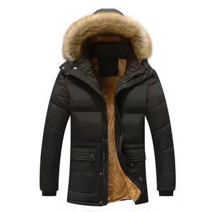 Global Industry <b>Men</b> Winter Hooded Puffer <b>Jacket</b> <b>Fur</b> Trim Windproof Casual Thick Polyester Wadding Solid Color Zipper Closure - Product Image 1