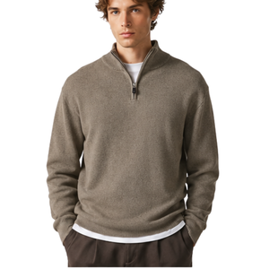 <b>Mens</b> Taupe Quarter Zip Jumper Knitted Sweater Stand Collar Long Sleeve Pullover Casual Winter Warm Soft <b>Knitwear</b> Premium Fit Top - Product Image 1