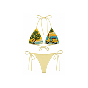 Bikini con Cuentas y Estampado Urbano, Cuello Halter y Parte Inferior con Cordón Ajustable, Tela de Algodón/Spandex, Conjunto de Dos Piezas de Alta Calidad para Mujer - Product Image 2