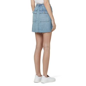 Mini-jupe en jean bleu clair à taille élastique avec cordon de serrage, mélange de coton, poche plaquée avant, coupe décontractée, durable, pour l'été - Product Image 4