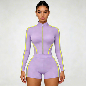 2026 Custom Women's Sports Suit Manufacturer Color-blocked Sport Jacket and Shorts Summer Two-Piece Fitness Yoga Outfit - Product Image 1